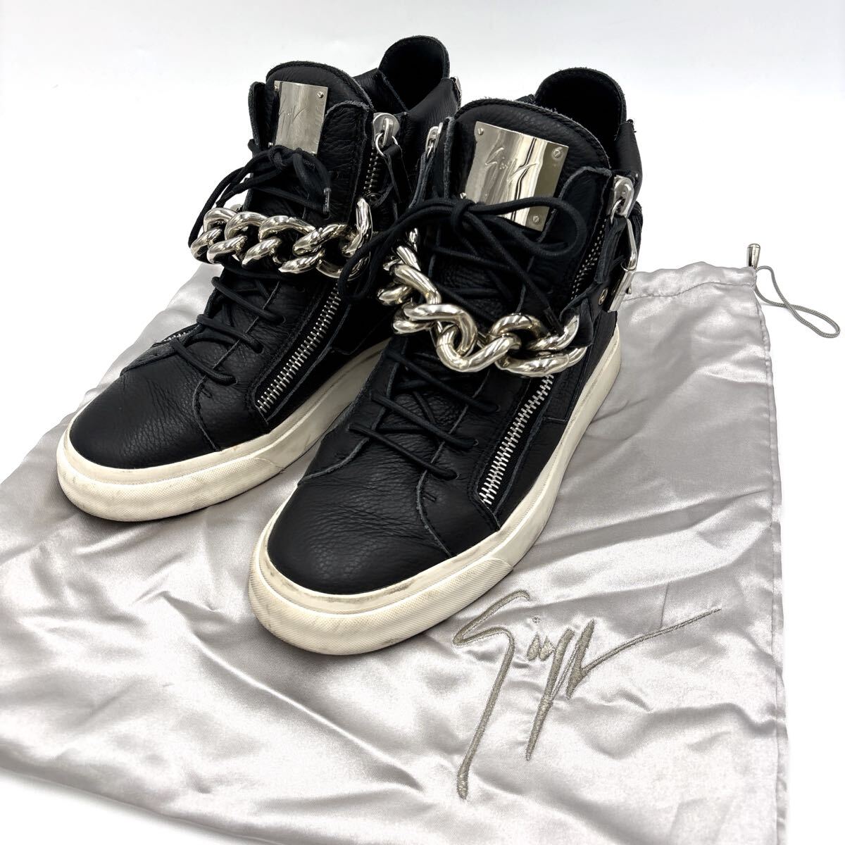 I * 保存袋付き イタリア製 '高級感溢れる' Giuseppe Zanotti ジュゼッペザノッティ 本革 チェーン装飾 ハイカット スニーカー EU41 26cm 拍卖