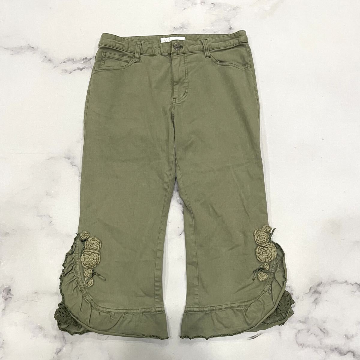 L ○ 人気モデル '都会のカジュアルウェア' PINK HOUSE ピンクハウス レース ストレート コットンパンツ S レディース ボトムス グリーン拍卖