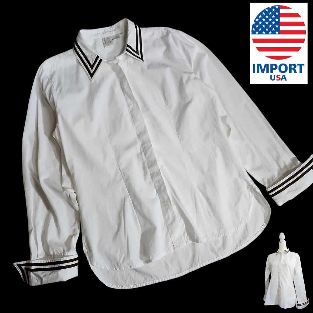 90s USA古着 セーラー風・長袖ブラウス・白&茶色 Yシャツ生地 比翼ボタン Cliford&Wills 68237拍卖