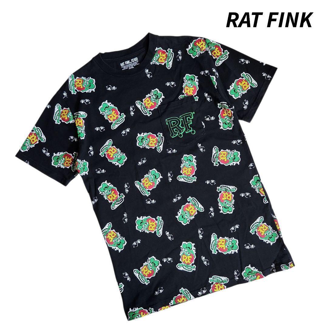 RAT FINK イラスト総柄・胸ポケット付き Tシャツ 黒ベース 68838拍卖