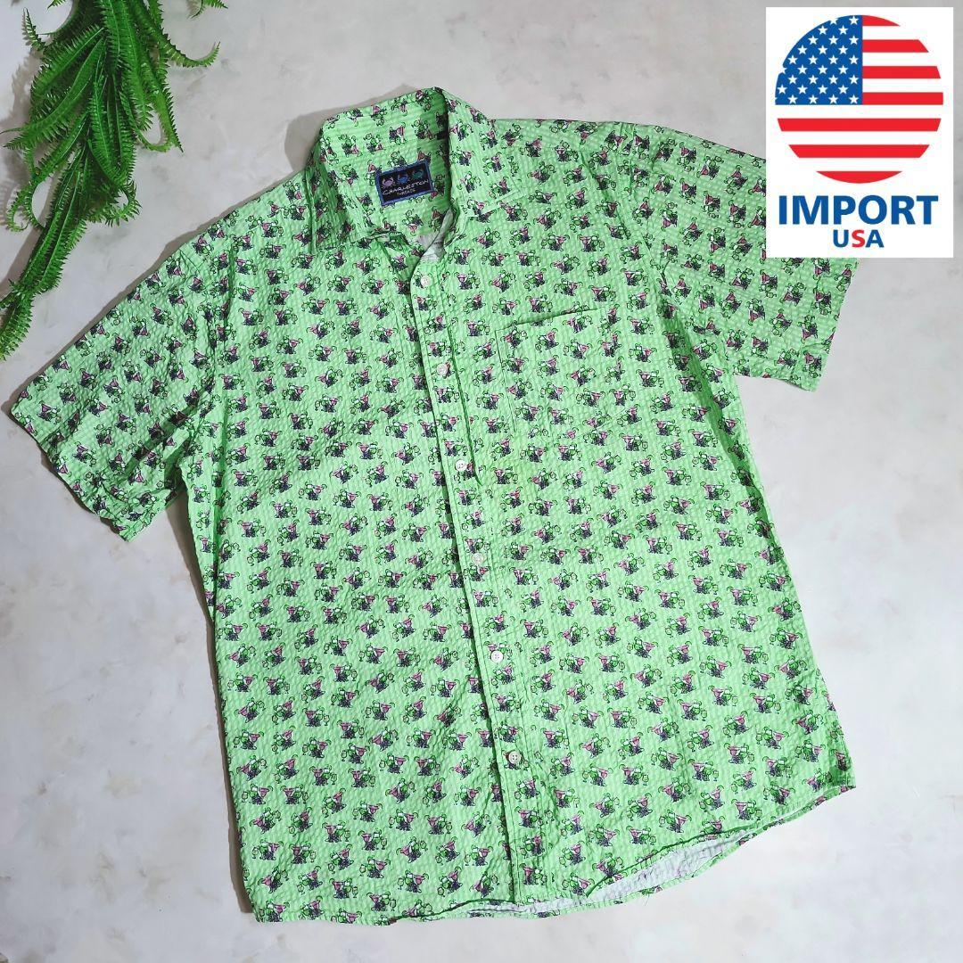 酒カクテル・総柄・シアサッカー半袖シャツ・ストライプ・緑グリーン系 CHARLSTON アメリカ古着 68443拍卖