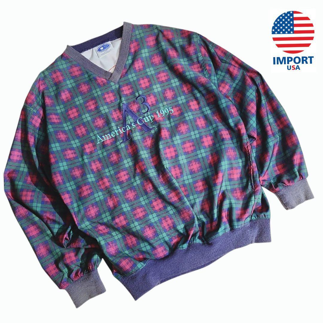 90s USA古着 チェック柄・プルオーバー・長袖ピステ 表記M 実質L ウインドブレーカー ドロップショルダー Y2K 68327拍卖