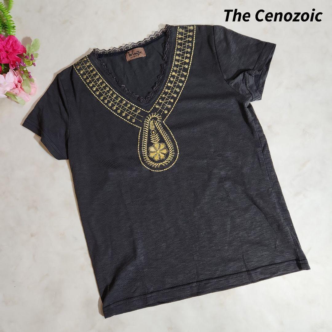 The Cenozoic エスニック風ゴールド刺繍・レース飾りTシャツ ダークグレー系 83507拍卖