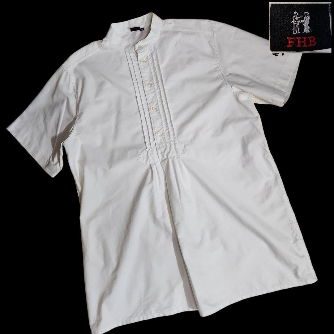 ドイツ FHB オックスフォード・プルオーバー半袖シャツ・ピンタック ユーロ古着 張りのあるしっかり生地 バンドカラー 白83156拍卖