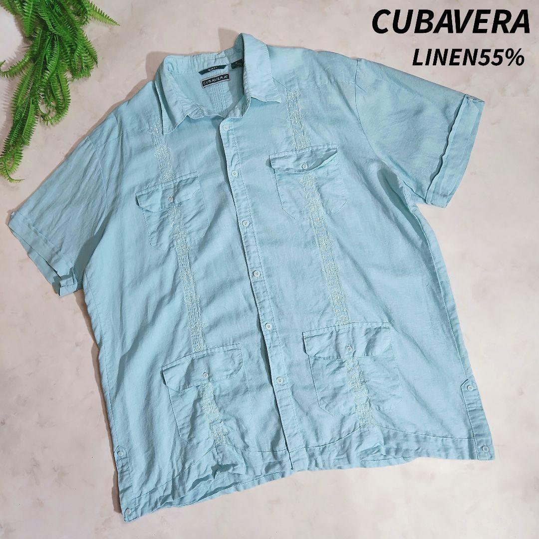 CUBAVERA 麻55% 刺繍・4フラップポケット半袖キューバシャツ ミントブルー リネン83648拍卖