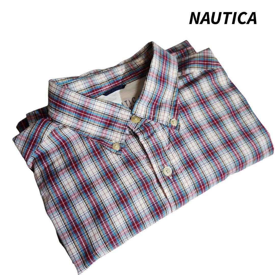 NAUTICA チェック柄・やや薄手・ボタンダウン長袖シャツ 赤・明るい青緑・オフホワイト・ネイビー・黄色 84426拍卖