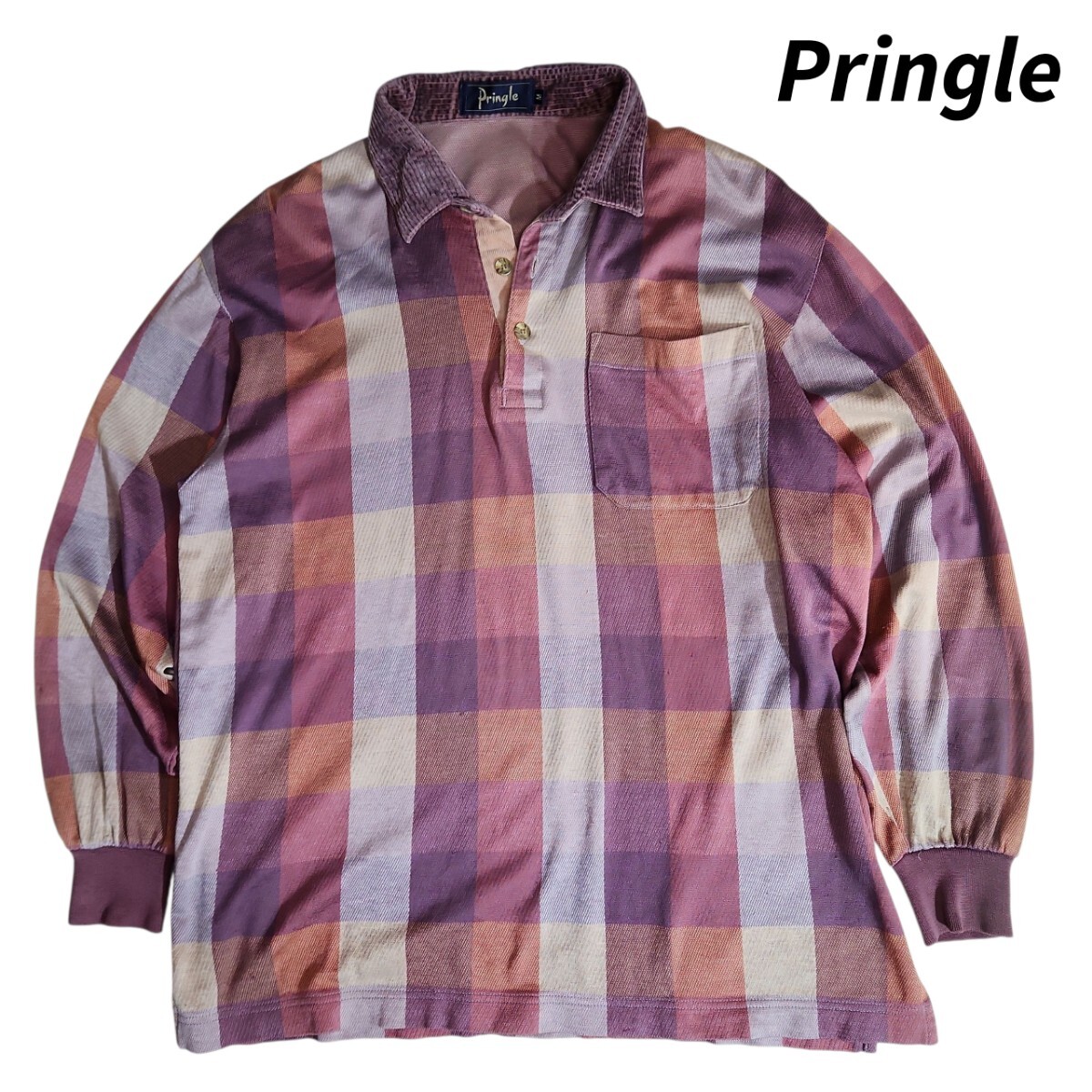 Pringle ブロックチェック 長袖ポロシャツ 襟コーデュロイ 表記サイズM くすんだ紫やピンク 84912拍卖