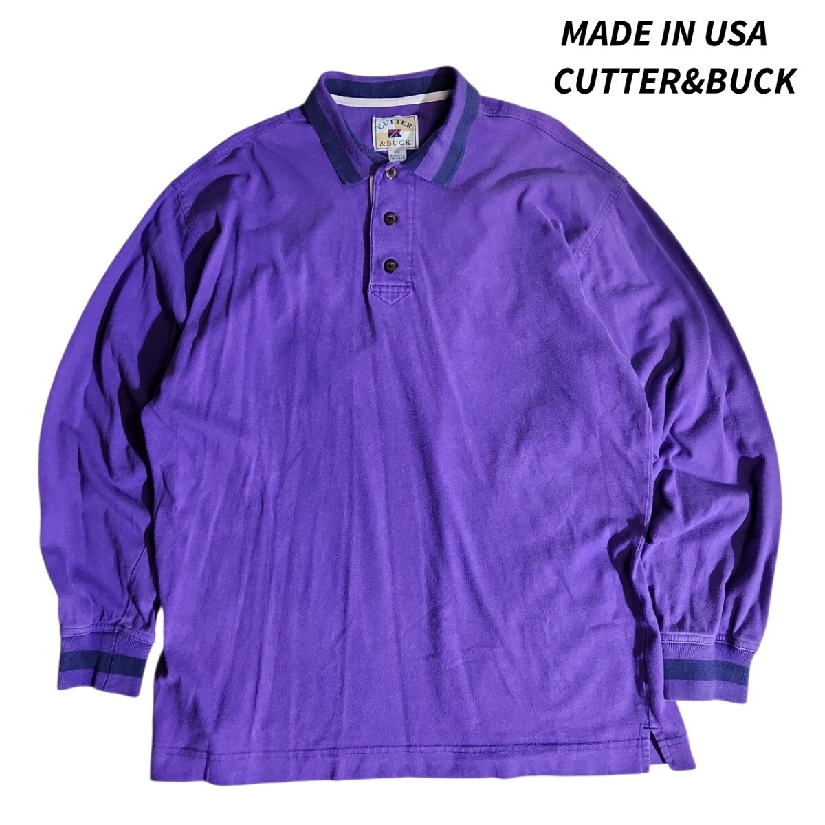 CUTTER&BUCK 長袖ポロシャツ 紫パープル 表記M 実質L ゴルフ USA製 アメリカ古着 84932拍卖