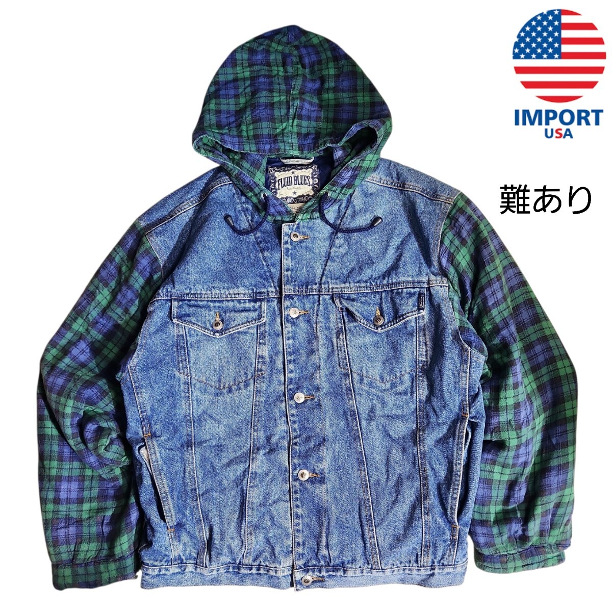 アメリカ古着 FLUID BLUES 中綿キルティング 切り替えデザイン デニムジャケット 表記L フード付き Gジャン Y2K 84954拍卖