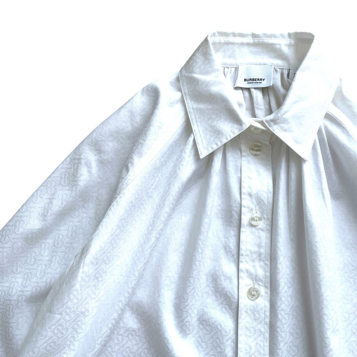 近年モデル 極美品 BURBERRY TBロゴ 総柄 Aライン 長袖シャツ ホワイト 白 バーバリー 高級 フレアシルエット 大きいサイズ拍卖