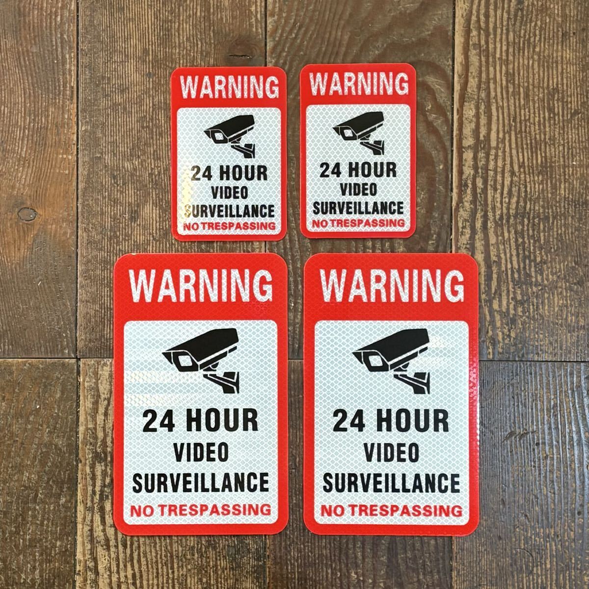 ★4枚セット★監視カメラ デカール WARNING 24 HOUR VIDEO 24cm×15cm 15cm×10cm 24時間 監視ビデオ 防犯 ステッカー 看板 玄関 ガレージ拍卖