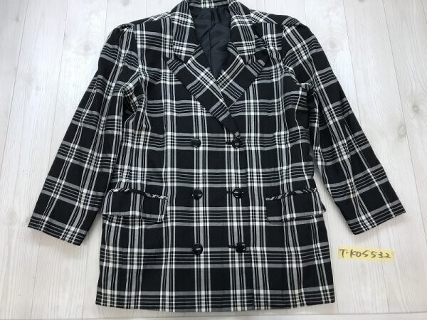 ノーブランド レディース 肩パッド入 裏地 チェック柄 ダブルボタン 秋冬 ジャケット 黒オフホワイト拍卖