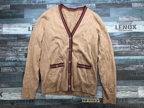 レディース ライン入り ニットカーディガン 薄手 ベージュ赤茶拍卖