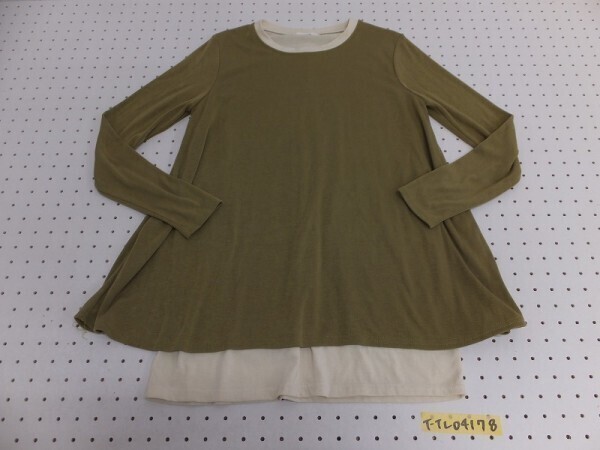 BROOM レディース 重ね着風 とろみ カットソー カーキアイボリー拍卖