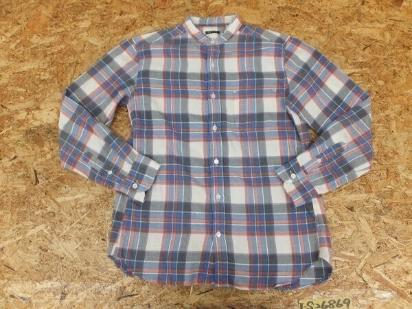 FREAK'S STORE フリークスストア メンズ ノーカラーカットオフ チェック フランネルシャツ 38 青黒白オレンジ拍卖