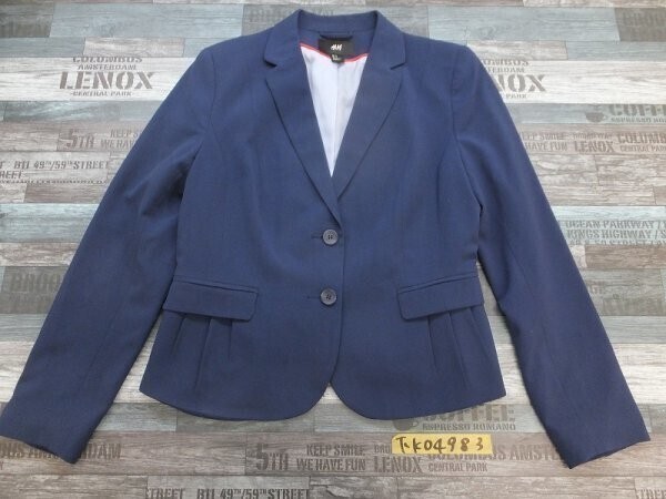 H&M エイチアンドエム レディース 肩パッド入 ショート丈 レーヨンMIX 秋冬ジャケット 42 紺青拍卖