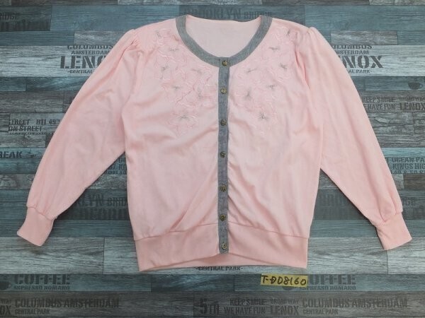 三姉妹 レディース ポリエステル・綿 花刺繍 肩パッド リブ付き カーディガン ピンクグレー拍卖