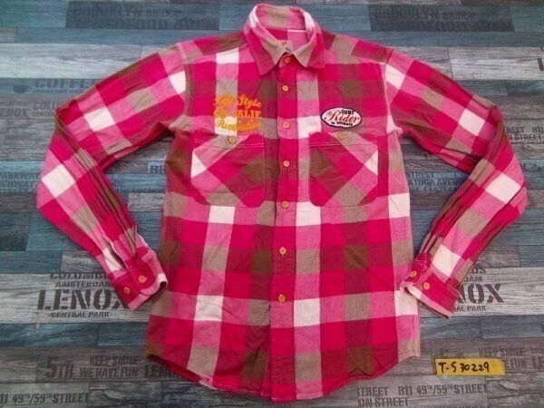 GOLDEN BREED メンズ バック刺繍 ブロックチェック フランネルシャツ M ピンク白ベージュ拍卖