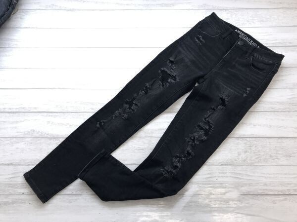 アメリカンイーグルアウトフィッターズ AMERICAN EAGLE OUTFITTERS グランジ スキニー ブラックデニム ジーンズ パンツ レディース 0 黒拍卖