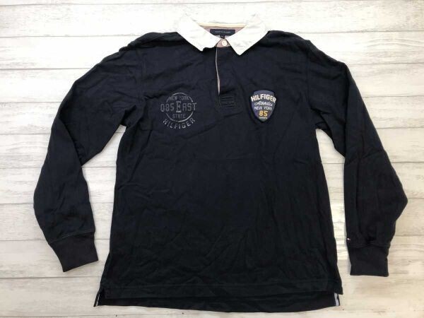トミーヒルフィガー TOMMY HILFIGER アメカジ トラッド スポーツ ロゴ両面プリント 長袖ポロシャツ ラガーシャツ メンズ XXL 紺拍卖