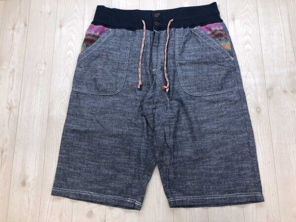 POWER TO THE PEOPLE パワートゥーザピープル 綿麻シャンブレー ベイカー イージー ハーフ ショート パンツ ボトムス メンズ 3L 紺拍卖