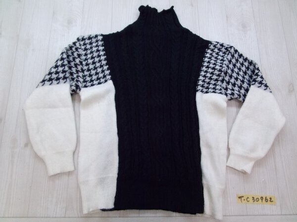 レディース ノーブランド 切り替え ハイネック ニットセーター 白黒グレー拍卖