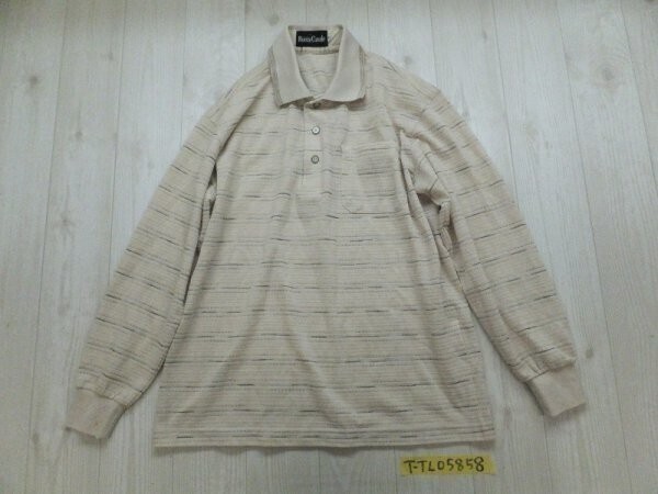 ROCCA CASALE メンズ 日本製 麻混 ストライプ 長袖ポロシャツ S ベージュ黒茶拍卖