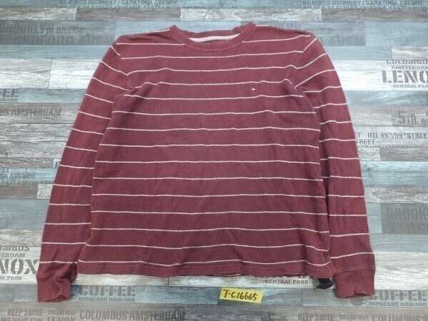 TOMMY HILFIGER トミーヒルフィガー メンズ ワッフル ワンポイント刺繍 ボーダー ロンT 小さいサイズ XS 小豆グレー拍卖