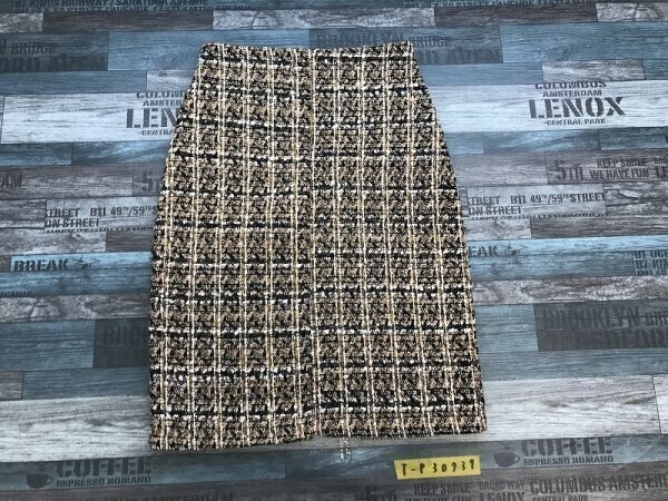 YU・HAO レディース スパンコール付き ツイード チェック柄 スカート M ベージュ黒白拍卖