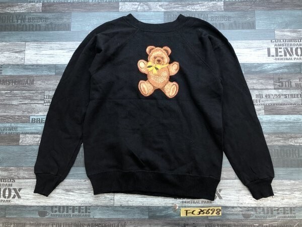 レディース ビッグテディベアプリント 裏起毛 プルオーバー トレーナー 黒拍卖