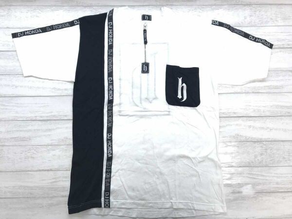 DJ HONDA ディージェイ・ホンダ オールド ストリート HIPHOP 古着 両面 刺繍 ハーフジップ 半袖Tシャツ カットソー メンズ 綿100% 白 黒拍卖