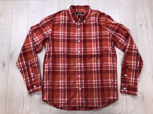 ビームス BEAMS アメカジ オーセンティック アメトラ 古着 チェック 胸ポケット ボタンダウン 長袖シャツ メンズ 綿100% S オレンジ系拍卖