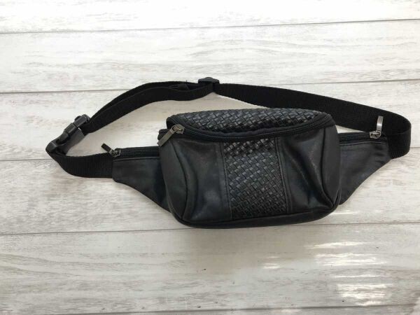 レトロ オールド ストリート ロック モード 編込み メッシュ切替 ミニポケット多数 本革レザー ウエストポーチ ボディーバッグ メンズ 黒拍卖