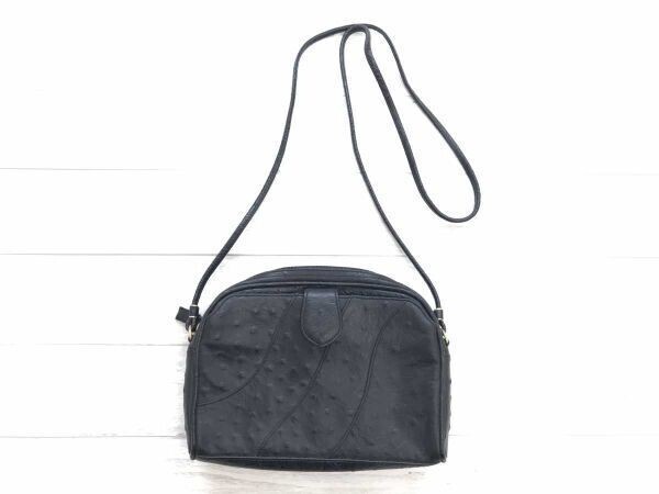 レトロ オールド クラシック フェミニン エレガント オーストリッチ 本革レザー 半月型 ショルダーバッグ レディース 両外ポケット 黒拍卖