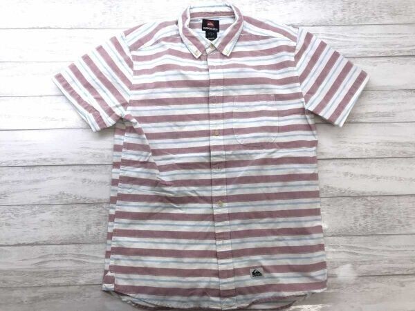 クイックシルバー QUIKSILVER ストリート サーフ 古着 パターンボーダー 半袖 オックスフォード ボタンダウン シャツ M 白 赤 青拍卖