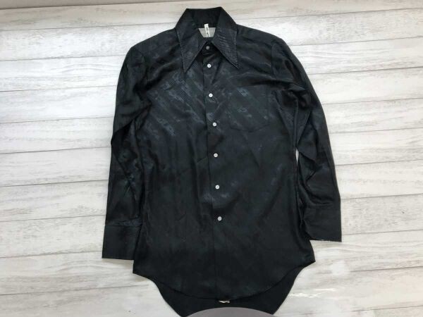 ブルーリバー BLUE RIVER レトロ 70sライク 斜め パターンストライプ 光沢シャイニー ロングポイントカラー 長袖ドレスシャツ メンズ M 黒拍卖