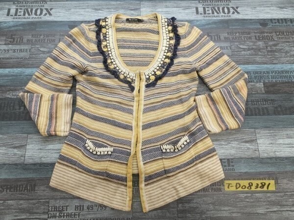 Nie Zoe レディース 飾りビジュー刺繍 コットンレーヨンMIX カラフルボーダー 七分袖ニットカーディガン S 紺カラフル拍卖