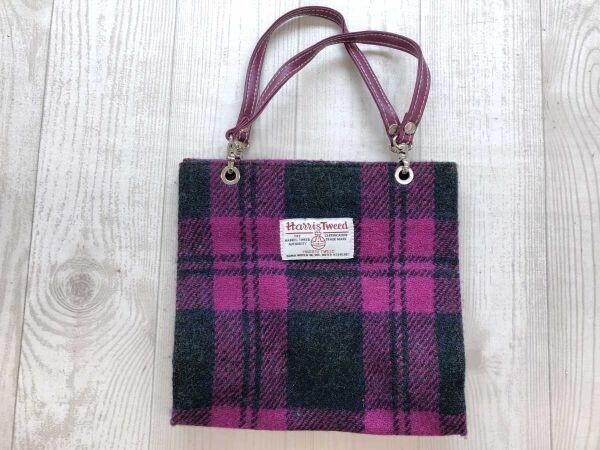 etoffe エトフ toffe ハリスてイード Harris Tweed タータンチェック ツイード レザーハンドル バッグ カバン ハンドル取外し可能 紫拍卖