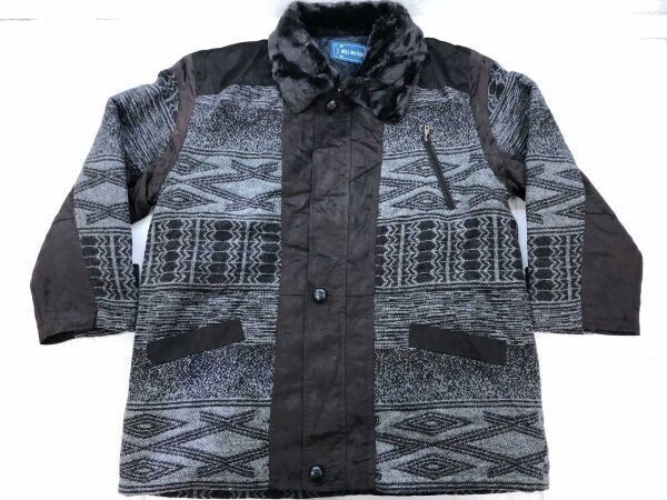 WELL MOTION レトロ 民族 エスニック ボーダー ネイティブ柄 裏地キルティング フェイクスエード切替 コート ジャケット メンズ LL グレー拍卖