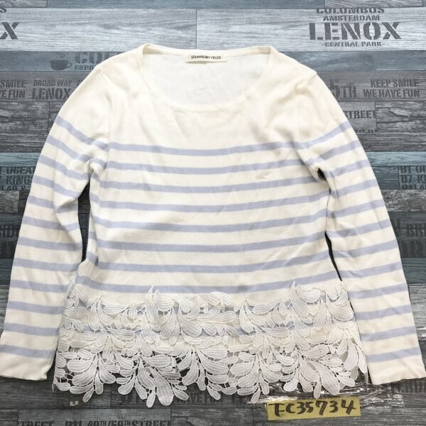 STRAWBERRY-FIELDS ストロベリーフィールズ レディース レース装飾 薄手 ボーダー ニットソー 白ライトブルー拍卖