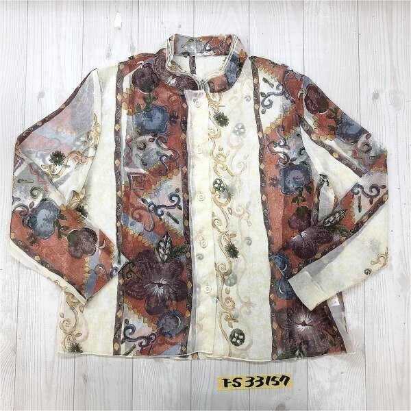 ST.CHRIS レディース 花柄 フリルネック シースルーブラウス M-L アイボリーオレンジ拍卖