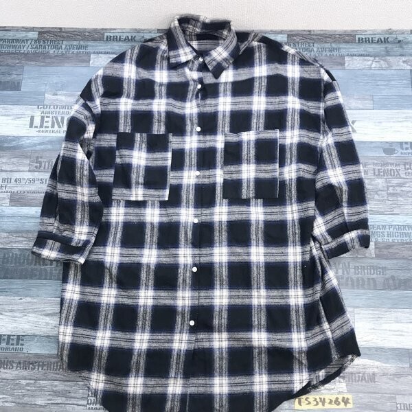 GRL レディース 綿100% チェック柄 膝丈 オーバーサイズ 七分袖シャツワンピース F 紺拍卖