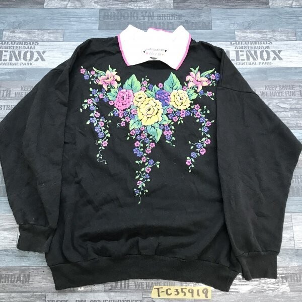 actIII レディース USA製 コットン混 襟付き 裏起毛 花 ラバープリント トレーナー M 黒拍卖