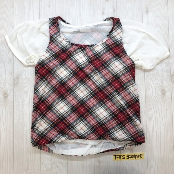 axes femme アクシーズファム レディース レイヤード調 裾つながっている チェック・レース 半袖カットソー 赤黒白拍卖