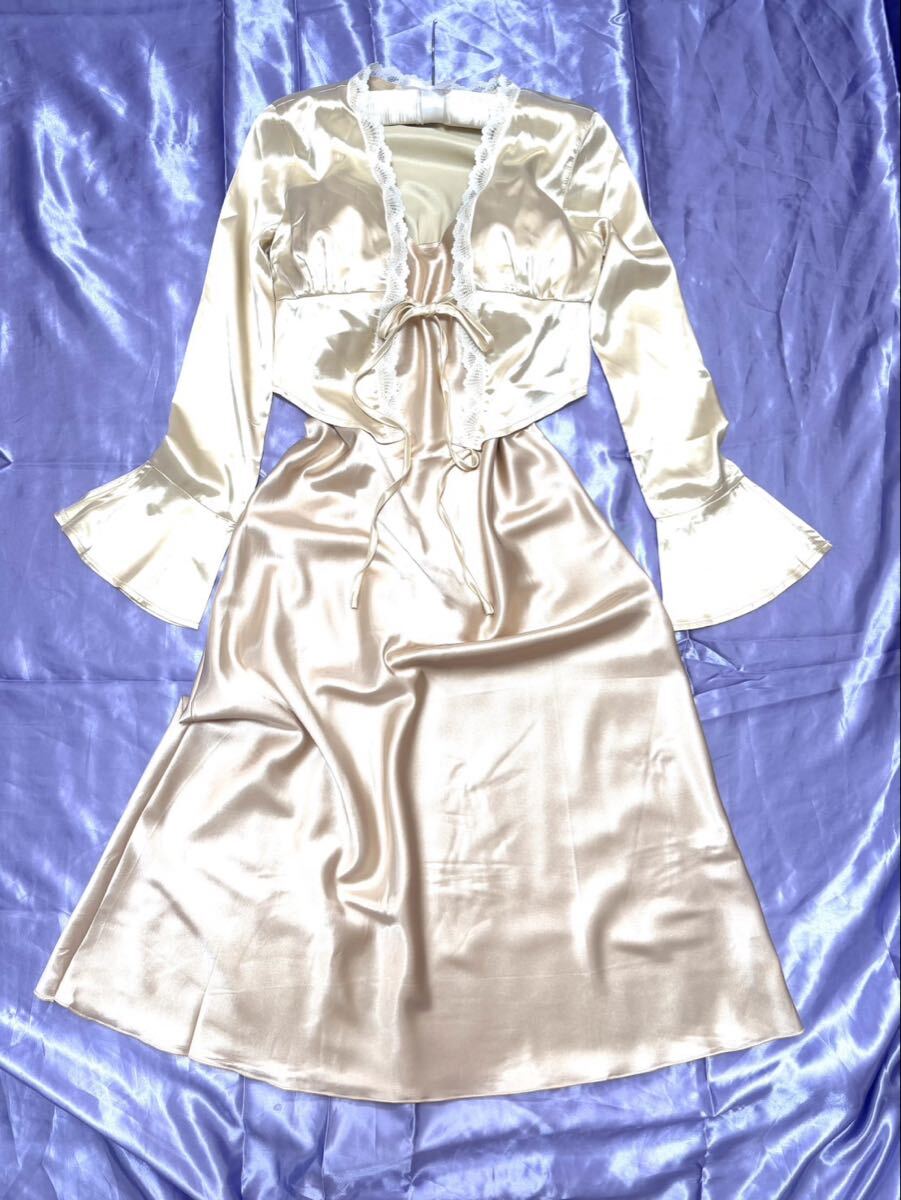 超ツルツル 超スベスベ 光沢サテン セット キャミワンピース+ボレロ カーディガン コスプレ フェチ 女装 清楚エレガント拍卖