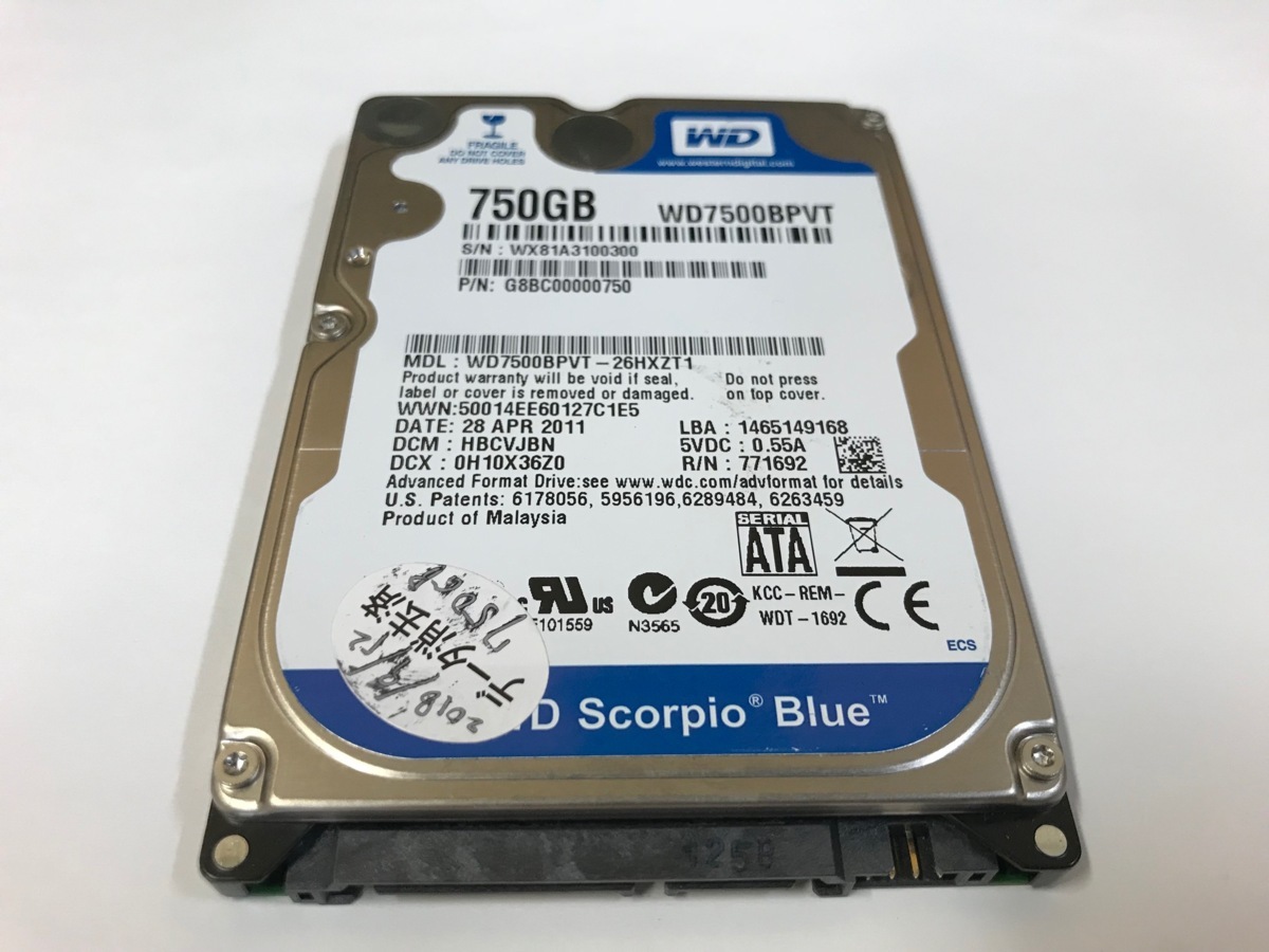★中古動作品★WESTERN DIGITAL 2.5インチ内蔵HDD 750GB SATA 5400rpm WD7500BPVT 送料無料★初期保障あり拍卖