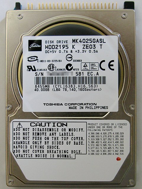 中古品★ノート用 2.5インチ ハードディスク IDE 40GB TOSHIBA MK4025GASL HDD★送料無料拍卖
