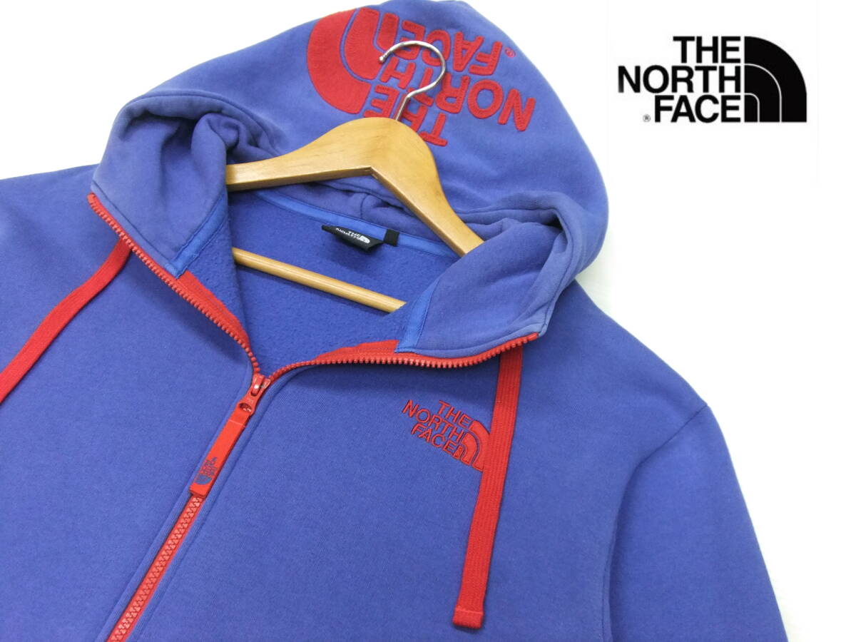 ■THE NORTH FACE■スウェットジップパーカー 青×赤 XLサイズ フード刺繍ロゴ入り ノースフェイス拍卖
