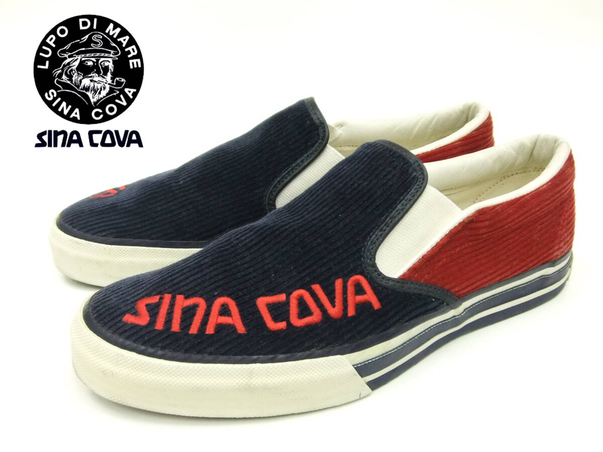 ■SINA COVA■スニーカー 近×赤 25cm コーデュロイ デッキシューズ 靴 刺繍ロゴ入り シナコバ拍卖