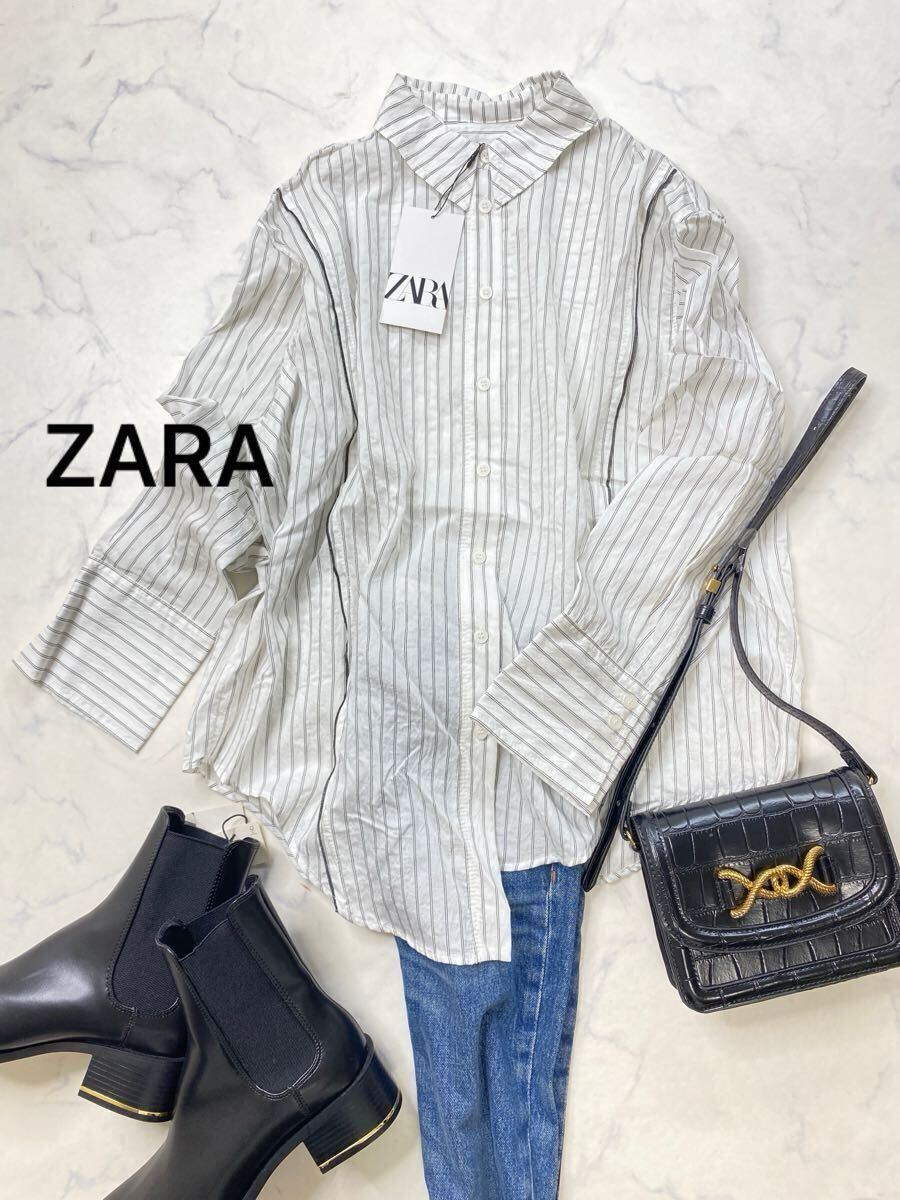 ZARA ザラ★タグ付き未使用★大人素敵★アシンメトリーパイピング ストライプシャツ 釦デザイン ブラウス★Mサイズ 1013拍卖